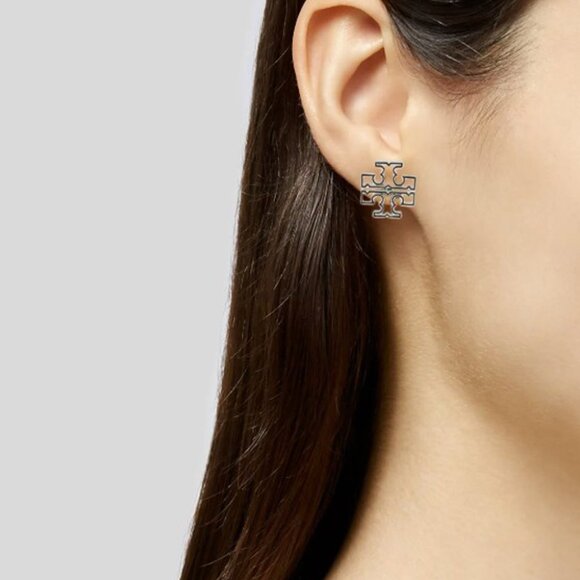 Tory Burch Britten Logo Silver Stud Earrings NWQT - Picture 2 of 8
